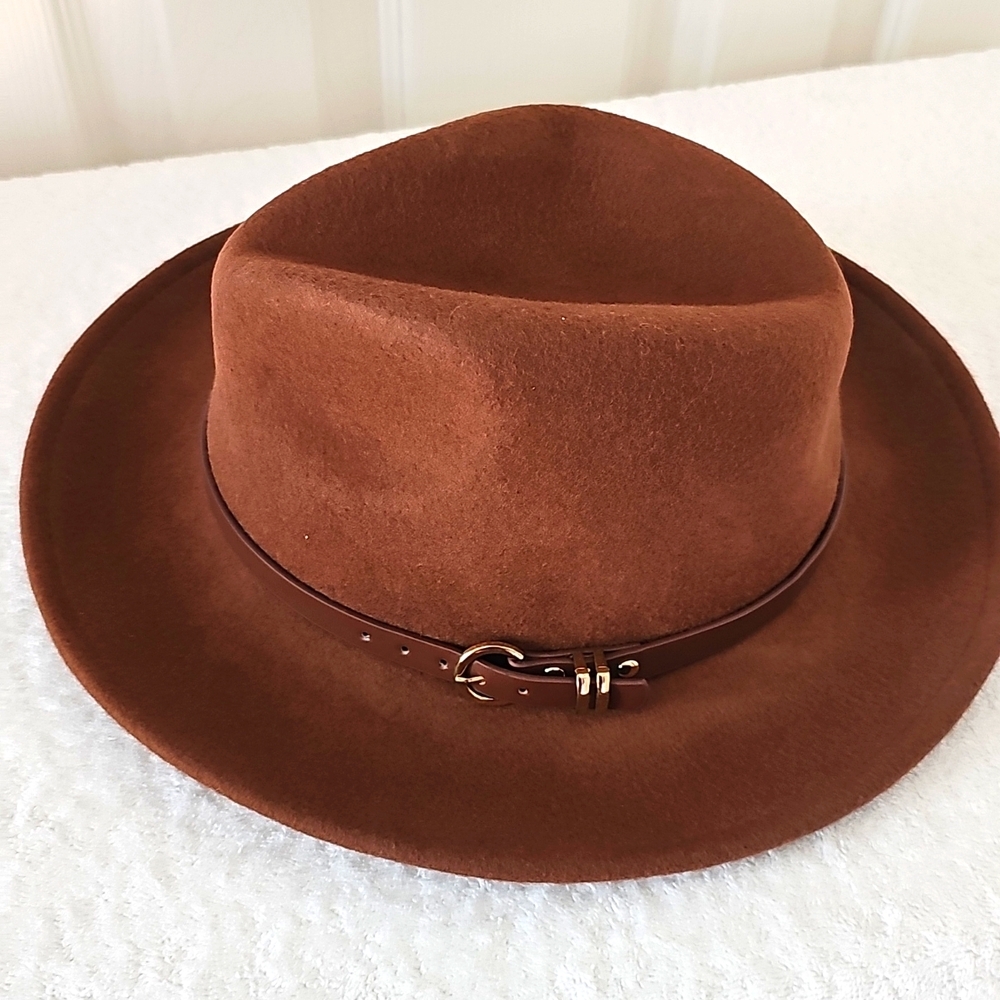 NWT Nordstrom Wool Felt Panama Hat with Brown Belt/Gold Accent. One Size - Picture 13 of 14